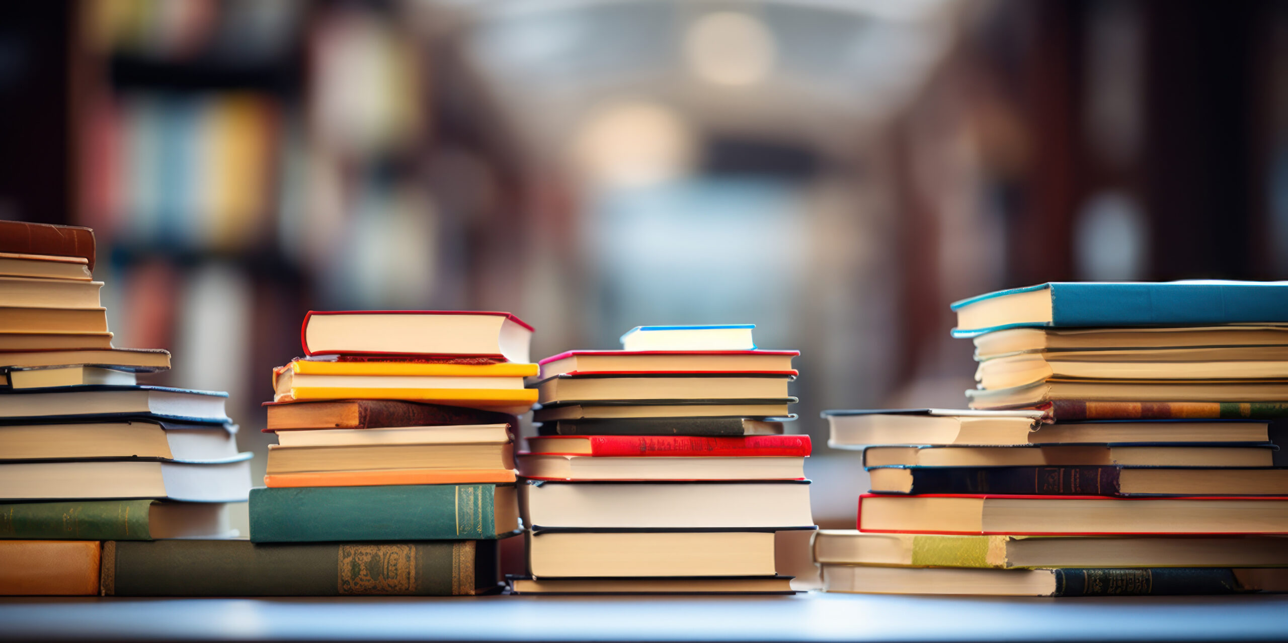 A stack of books with a library scene behind.